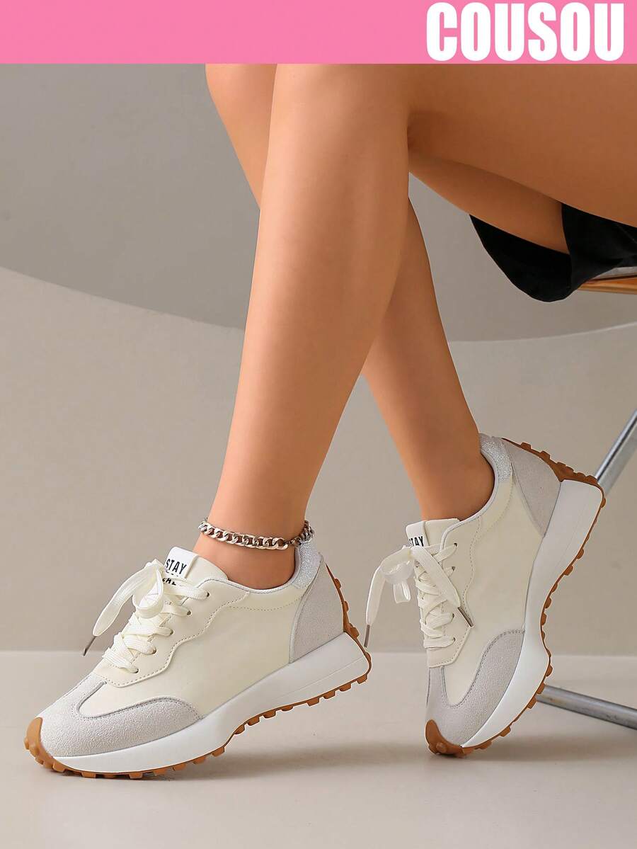 2026 New Women Thick Sole Sneakers, Lace-Up Casual Chunky Sneakers, Flat Platform, Breathable Patchwork, Spring/Summer, Height Increasing, Y2K Aesthetic