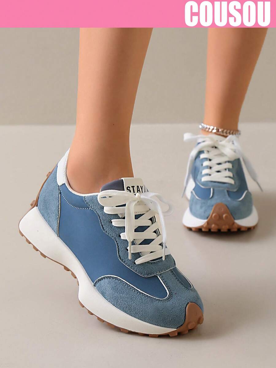 2026 New Women Thick Sole Sneakers, Lace-Up Casual Chunky Sneakers, Flat Platform, Breathable Patchwork, Spring/Summer, Height Increasing, Y2K Aesthetic