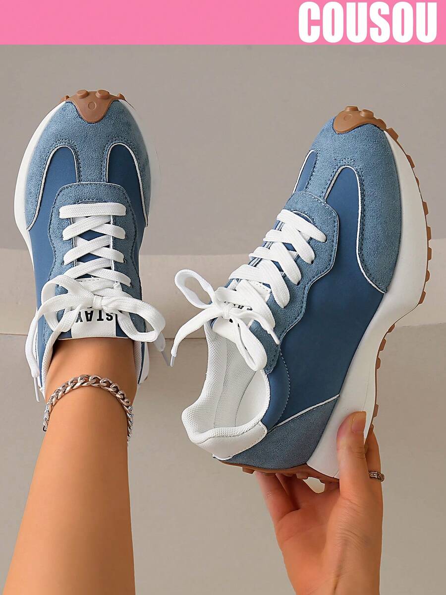 2026 New Women Thick Sole Sneakers, Lace-Up Casual Chunky Sneakers, Flat Platform, Breathable Patchwork, Spring/Summer, Height Increasing, Y2K Aesthetic