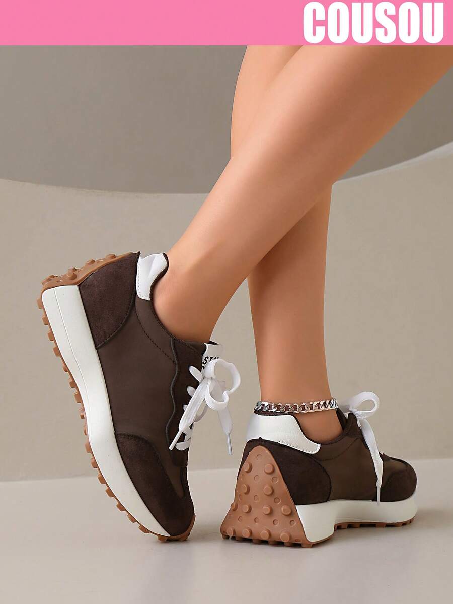 2026 New Women Thick Sole Sneakers, Lace-Up Casual Chunky Sneakers, Flat Platform, Breathable Patchwork, Spring/Summer, Height Increasing, Y2K Aesthetic