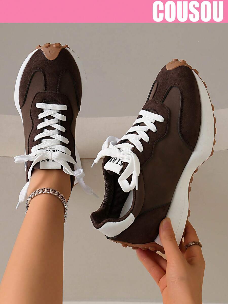 2026 New Women Thick Sole Sneakers, Lace-Up Casual Chunky Sneakers, Flat Platform, Breathable Patchwork, Spring/Summer, Height Increasing, Y2K Aesthetic