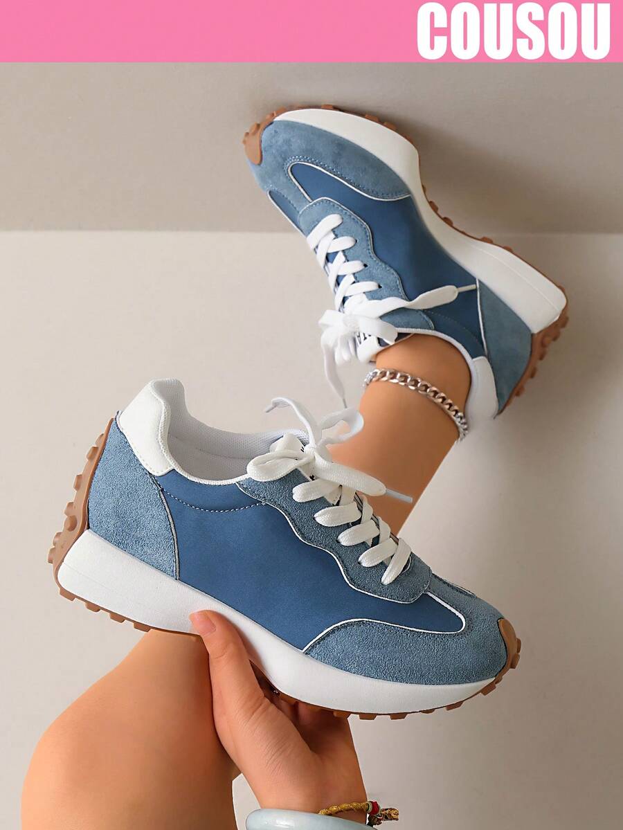2026 New Women Thick Sole Sneakers, Lace-Up Casual Chunky Sneakers, Flat Platform, Breathable Patchwork, Spring/Summer, Height Increasing, Y2K Aesthetic