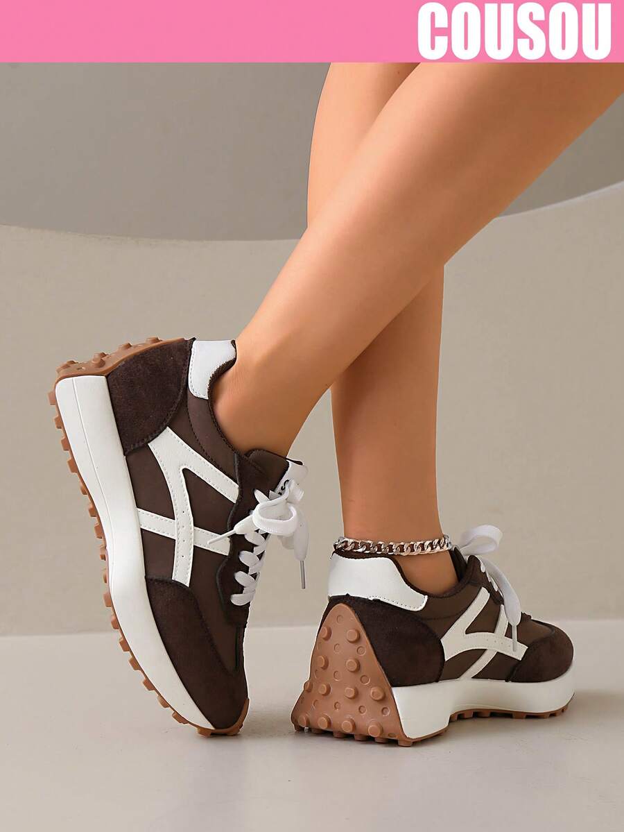 2026 New Women Thick Sole Sneakers, Lace-Up Casual Chunky Sneakers, Flat Platform, Breathable Patchwork, Spring/Summer, Height Increasing, Y2K Aesthetic