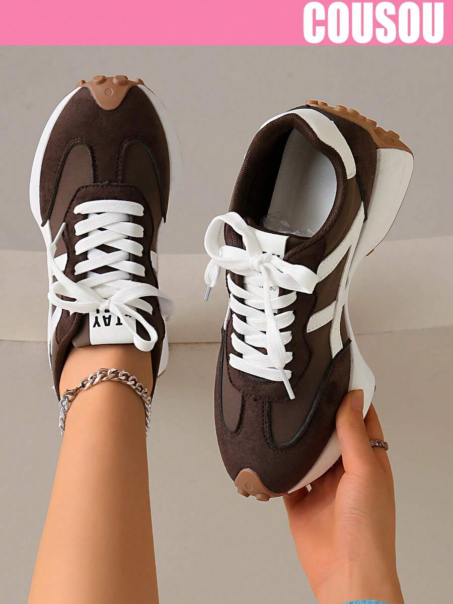 2026 New Women Thick Sole Sneakers, Lace-Up Casual Chunky Sneakers, Flat Platform, Breathable Patchwork, Spring/Summer, Height Increasing, Y2K Aesthetic