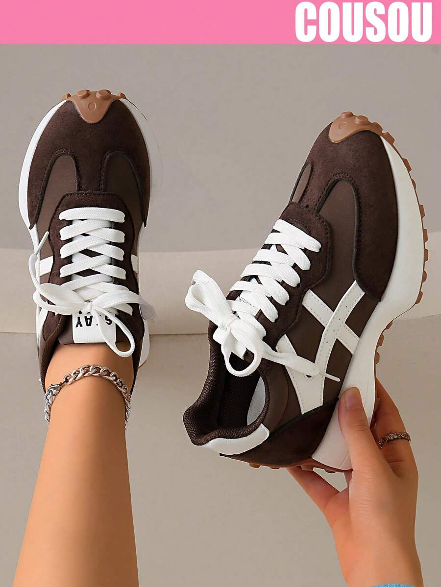 2026 New Women Thick Sole Sneakers, Lace-Up Casual Chunky Sneakers, Flat Platform, Breathable Patchwork, Spring/Summer, Height Increasing, Y2K Aesthetic