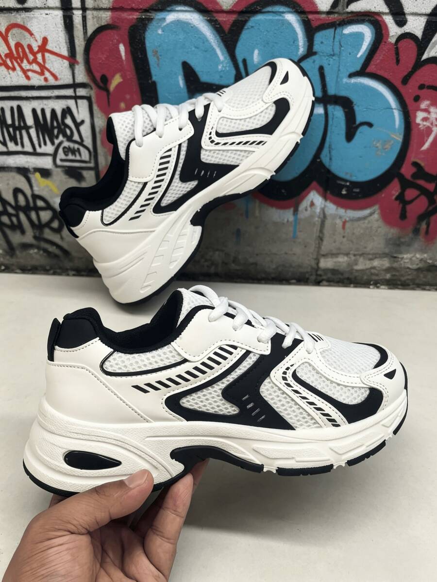 Sodalemon New Women's Casual Sports Shoes Preppy Style Chunky Sneakers Shoes White Sneakers Couple Style Round Toe Lace-Up Mesh Dual-Tone Breathable Versatile Deep Cut Fashion Print Graffiti College Style Student Shoes Outdoor Hiking Casual Shoes Commuter