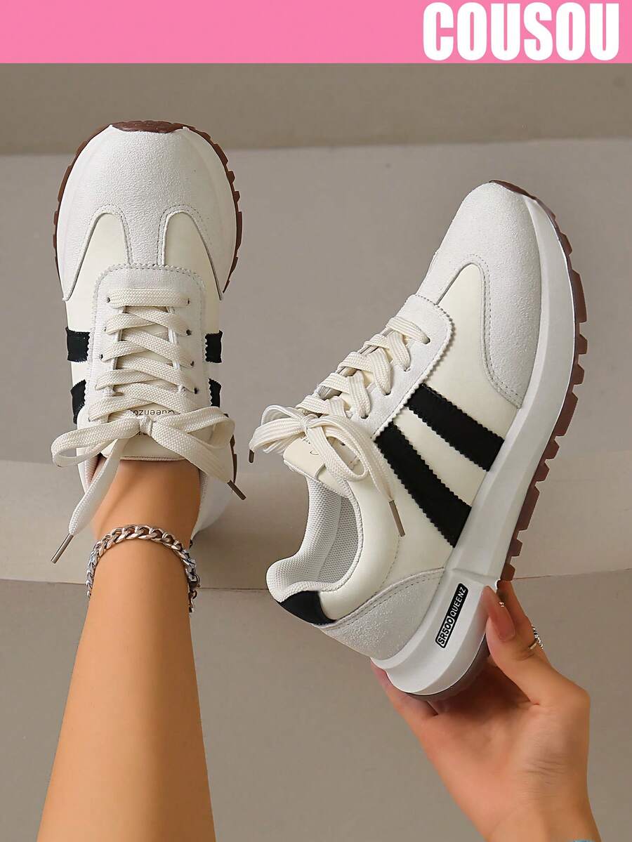 2026 New Women Thick Sole Sneakers, Lace-Up Casual Chunky Sneakers, Flat Platform, Breathable Patchwork, Spring/Summer, Height Increasing, Y2K Aesthetic