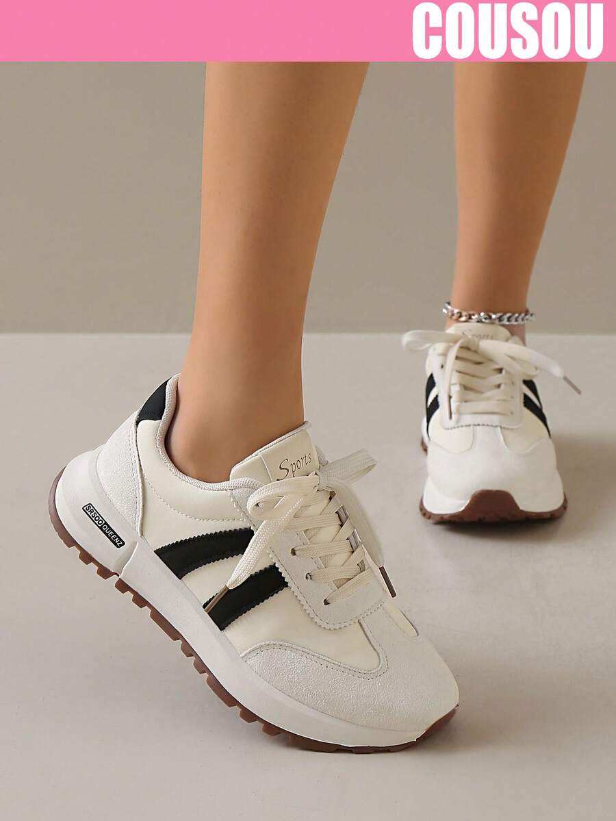 2026 New Women Thick Sole Sneakers, Lace-Up Casual Chunky Sneakers, Flat Platform, Breathable Patchwork, Spring/Summer, Height Increasing, Y2K Aesthetic