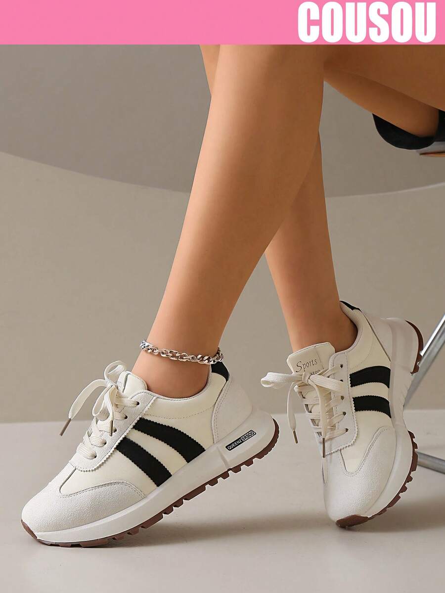 2026 New Women Thick Sole Sneakers, Lace-Up Casual Chunky Sneakers, Flat Platform, Breathable Patchwork, Spring/Summer, Height Increasing, Y2K Aesthetic