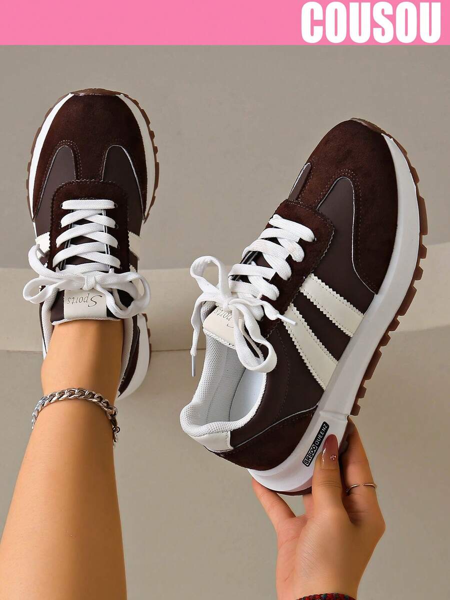 2026 New Women Thick Sole Sneakers, Lace-Up Casual Chunky Sneakers, Flat Platform, Breathable Patchwork, Spring/Summer, Height Increasing, Y2K Aesthetic