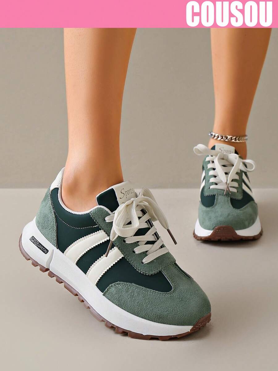 2026 New Women Thick Sole Sneakers, Lace-Up Casual Chunky Sneakers, Flat Platform, Breathable Patchwork, Spring/Summer, Height Increasing, Y2K Aesthetic