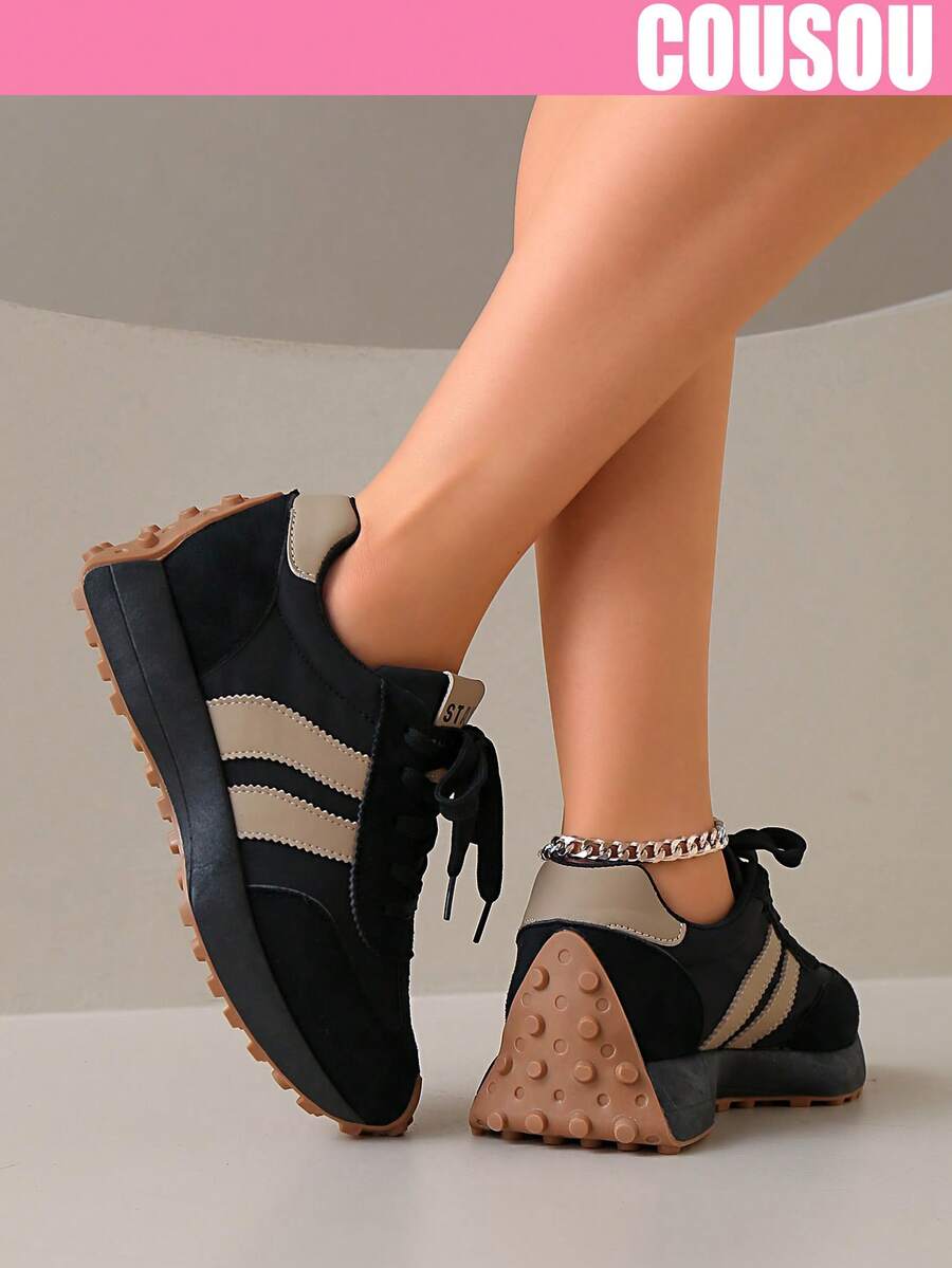 2026 New Women Thick Sole Sneakers, Lace-Up Casual Chunky Sneakers, Flat Platform, Breathable Patchwork, Spring/Summer, Height Increasing, Y2K Aesthetic