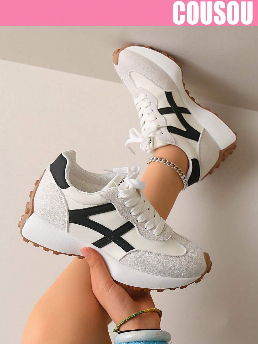 2026 New Women Thick Sole Sneakers, Lace-Up Casual Chunky Sneakers, Flat Platform, Breathable Patchwork, Spring/Summer, Height Increasing, Y2K Aesthetic