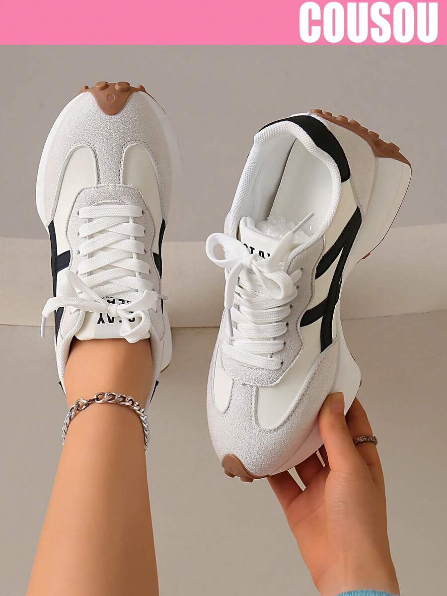 2026 New Women Thick Sole Sneakers, Lace-Up Casual Chunky Sneakers, Flat Platform, Breathable Patchwork, Spring/Summer, Height Increasing, Y2K Aesthetic
