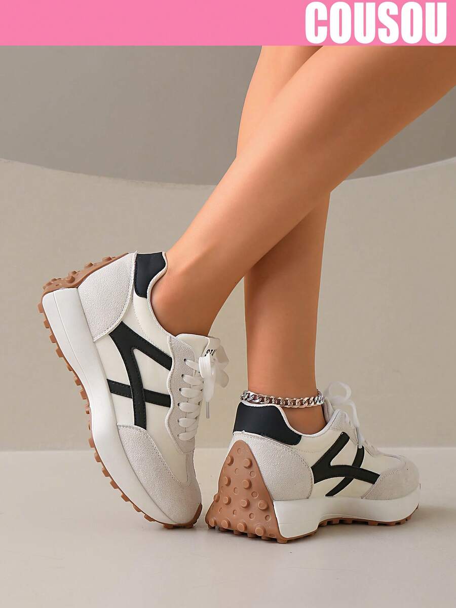 2026 New Women Thick Sole Sneakers, Lace-Up Casual Chunky Sneakers, Flat Platform, Breathable Patchwork, Spring/Summer, Height Increasing, Y2K Aesthetic