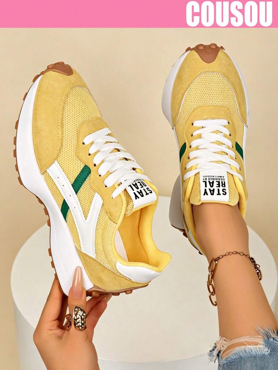 2026 New Women Thick Sole Sneakers, Lace-Up Casual Chunky Sneakers, Flat Platform, Breathable Patchwork, Spring/Summer, Height Increasing, Y2K Aesthetic