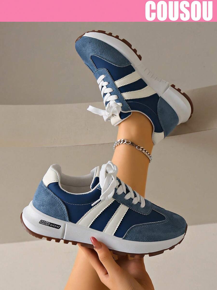 2026 New Women Thick Sole Sneakers, Lace-Up Casual Chunky Sneakers, Flat Platform, Breathable Patchwork, Spring/Summer, Height Increasing, Y2K Aesthetic