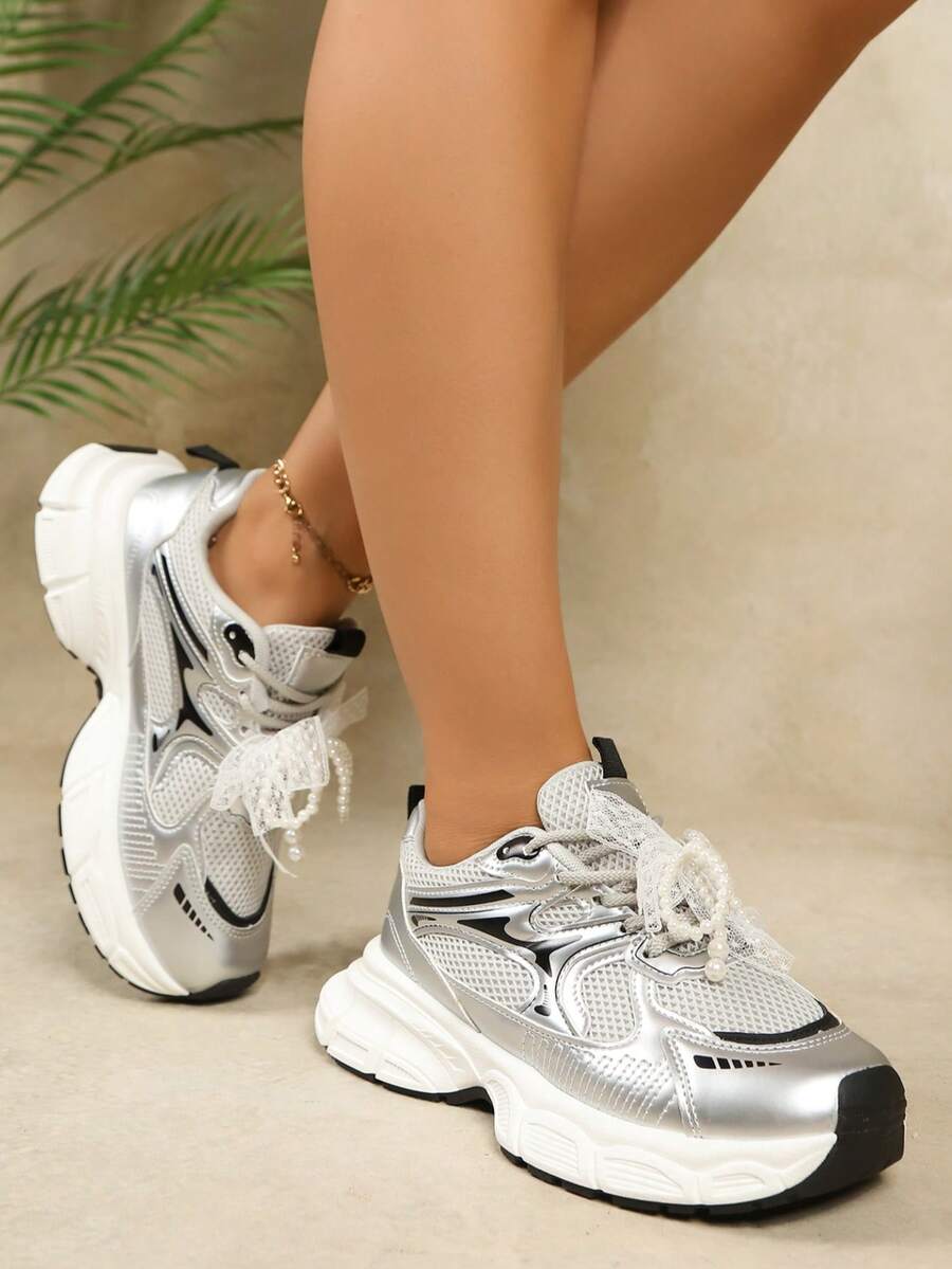 Sodalemon New Women's Casual Sports Shoes Preppy Style Chunky Sneakers Shoes White Sneakers Couple Style Round Toe Lace-Up Mesh Dual-Tone Breathable Versatile Deep Cut Fashion Print Graffiti College Style Student Shoes Outdoor Hiking Casual Shoes Commuter
