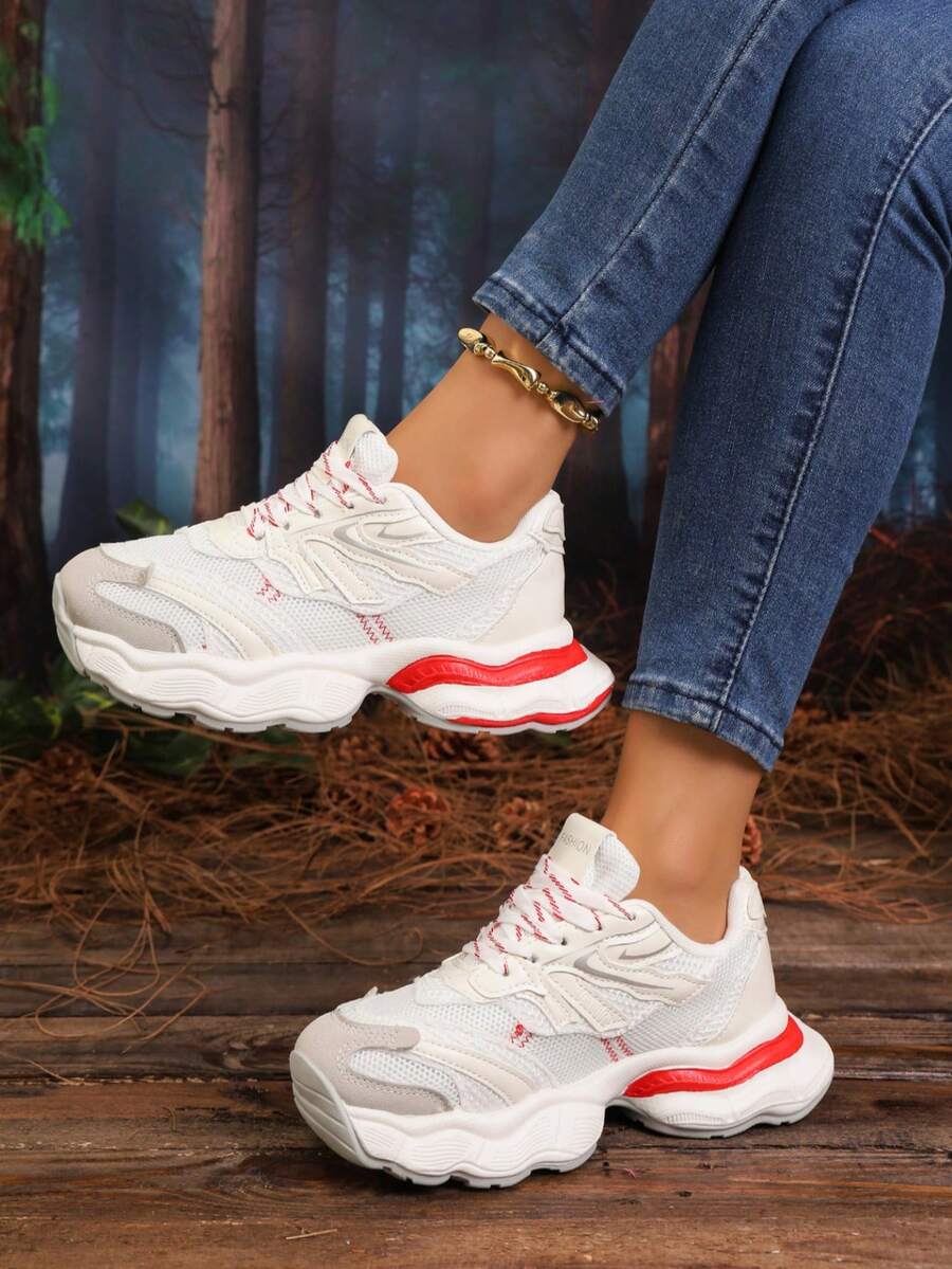Sodalemon New Women's Casual Sports Shoes Preppy Style Chunky Sneakers Shoes White Sneakers Couple Style Round Toe Lace-Up Mesh Dual-Tone Breathable Versatile Deep Cut Fashion Print Graffiti College Style Student Shoes Outdoor Hiking Casual Shoes Commuter