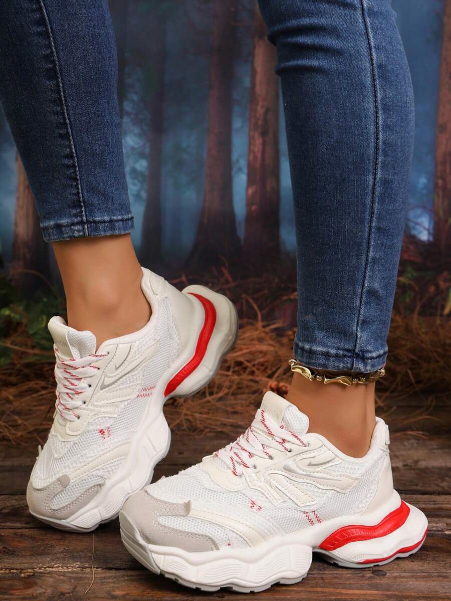Sodalemon New Women's Casual Sports Shoes Preppy Style Chunky Sneakers Shoes White Sneakers Couple Style Round Toe Lace-Up Mesh Dual-Tone Breathable Versatile Deep Cut Fashion Print Graffiti College Style Student Shoes Outdoor Hiking Casual Shoes Commuter
