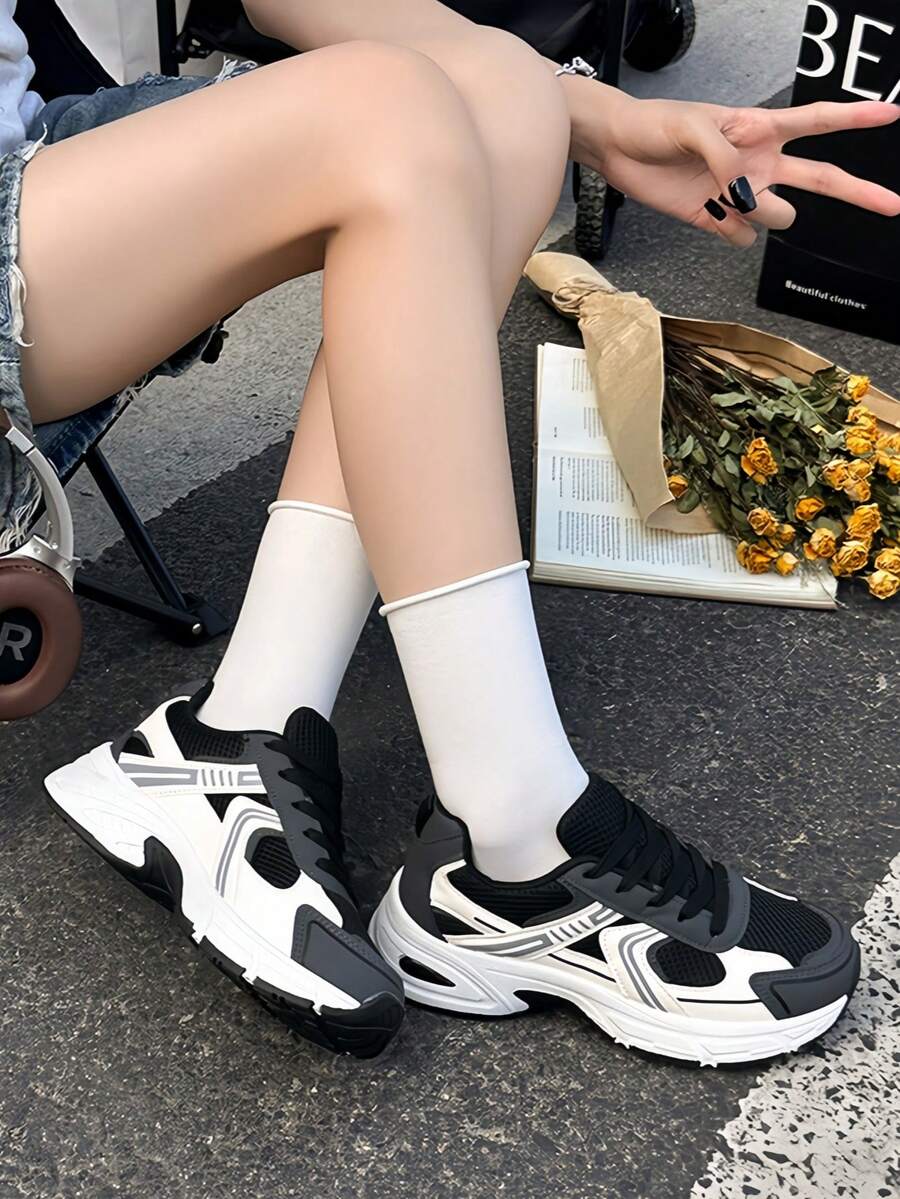 Sodalemon New Women's Casual Sports Shoes Preppy Style Chunky Sneakers Shoes White Sneakers Couple Style Round Toe Lace-Up Mesh Dual-Tone Breathable Versatile Deep Cut Fashion Print Graffiti College Style Student Shoes Outdoor Hiking Casual Shoes Commuter