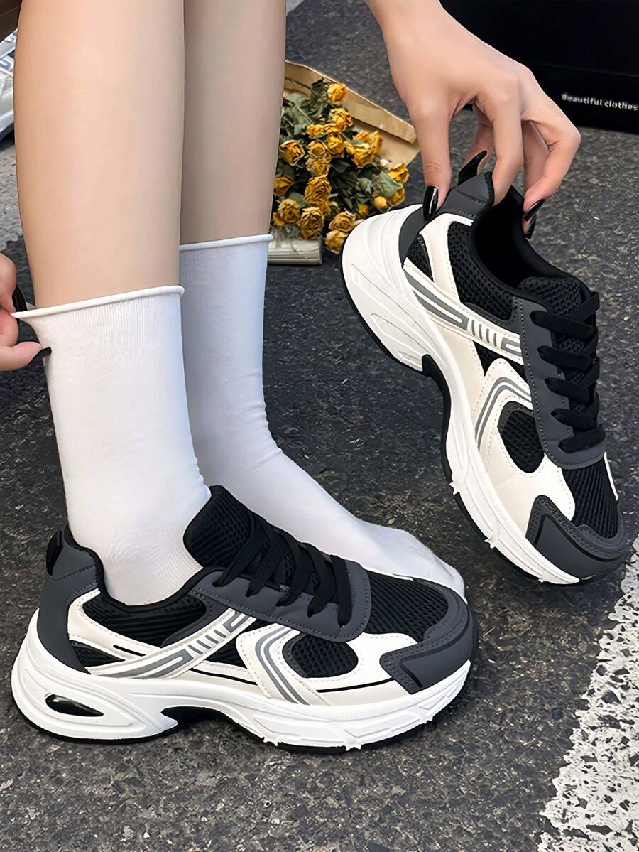 Sodalemon New Women's Casual Sports Shoes Preppy Style Chunky Sneakers Shoes White Sneakers Couple Style Round Toe Lace-Up Mesh Dual-Tone Breathable Versatile Deep Cut Fashion Print Graffiti College Style Student Shoes Outdoor Hiking Casual Shoes Commuter
