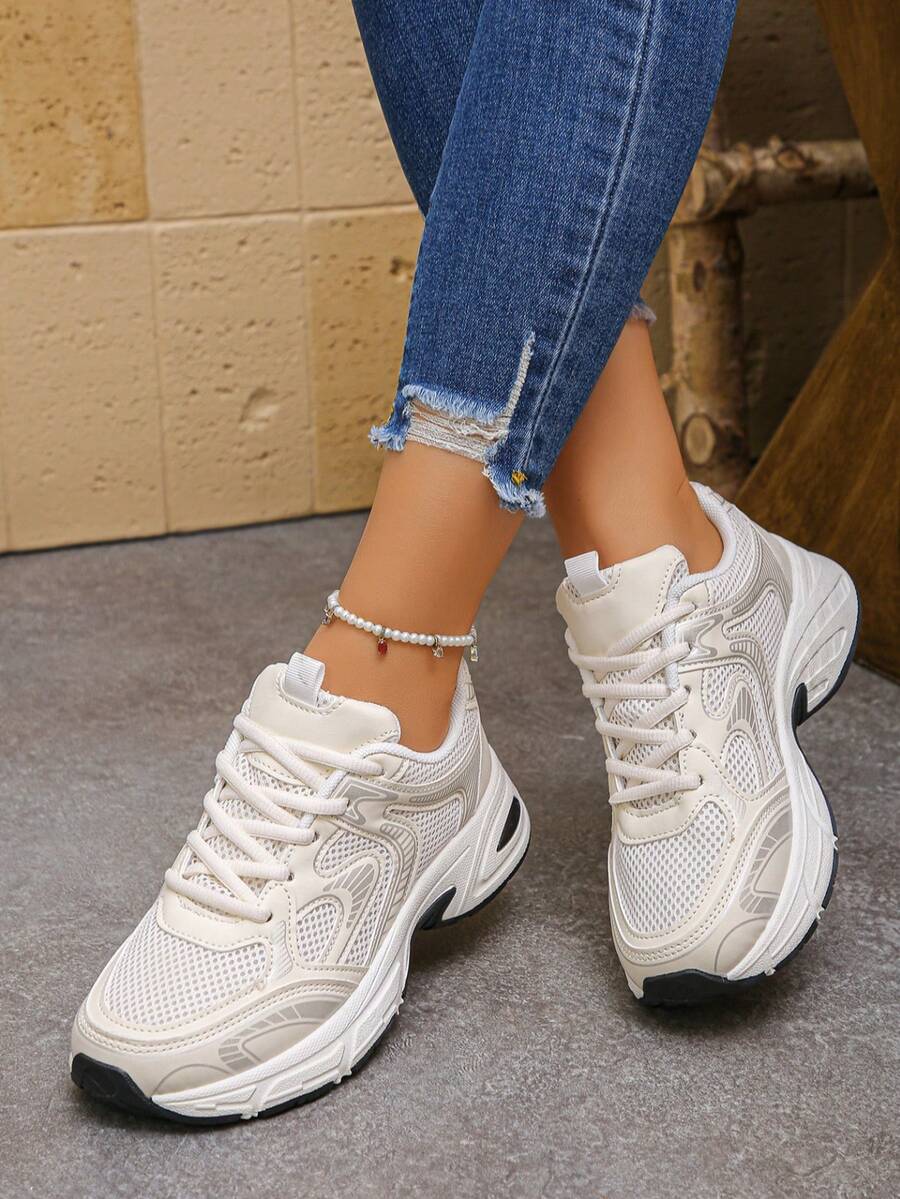 Sodalemon New Women's Casual Sports Shoes Preppy Style Chunky Sneakers Shoes White Sneakers Couple Style Round Toe Lace-Up Mesh Dual-Tone Breathable Versatile Deep Cut Fashion Print Graffiti College Style Student Shoes Outdoor Hiking Casual Shoes Commuter
