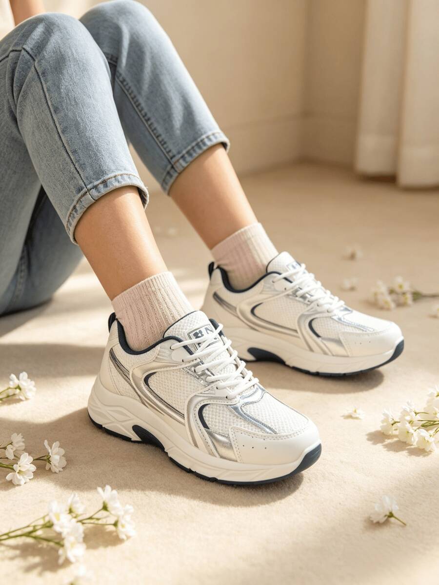 Sodalemon New Women's Casual Sports Shoes Preppy Style Chunky Sneakers Shoes White Sneakers Couple Style Round Toe Lace-Up Mesh Dual-Tone Breathable Versatile Deep Cut Fashion Print Graffiti College Style Student Shoes Outdoor Hiking Casual Shoes Commuter