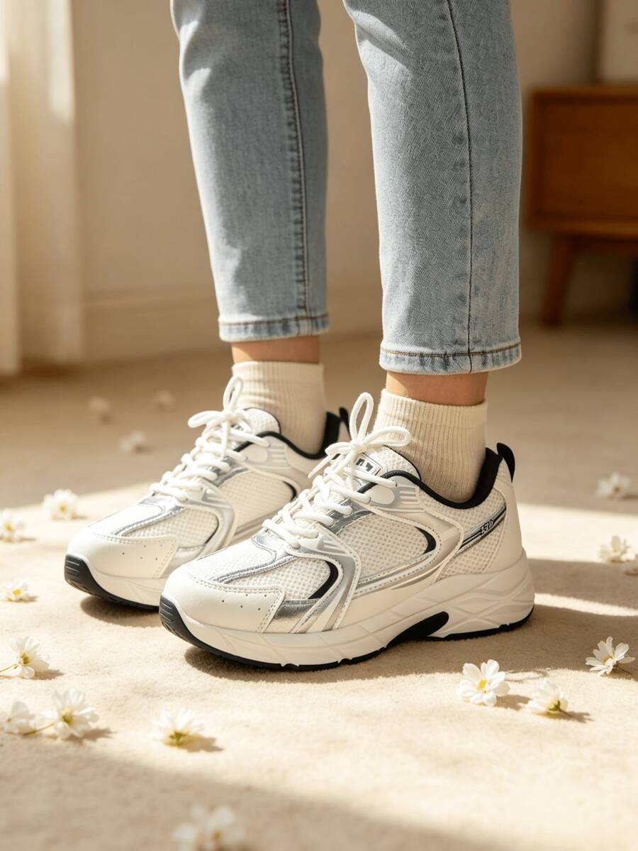 Sodalemon New Women's Casual Sports Shoes Preppy Style Chunky Sneakers Shoes White Sneakers Couple Style Round Toe Lace-Up Mesh Dual-Tone Breathable Versatile Deep Cut Fashion Print Graffiti College Style Student Shoes Outdoor Hiking Casual Shoes Commuter