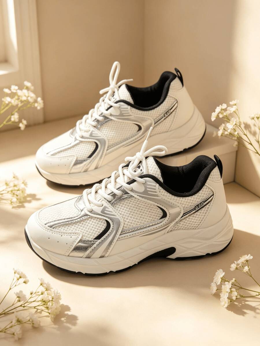 Sodalemon New Women's Casual Sports Shoes Preppy Style Chunky Sneakers Shoes White Sneakers Couple Style Round Toe Lace-Up Mesh Dual-Tone Breathable Versatile Deep Cut Fashion Print Graffiti College Style Student Shoes Outdoor Hiking Casual Shoes Commuter