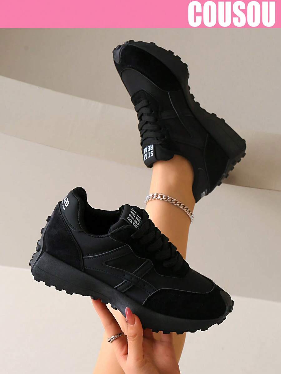 2026 New Women Thick Sole Sneakers, Lace-Up Casual Chunky Sneakers, Flat Platform, Breathable Patchwork, Spring/Summer, Height Increasing, Y2K Aesthetic